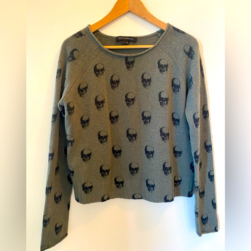 Skull Cashmere Olive Green Cashmere Sweater with Black Skulls, Size Medium